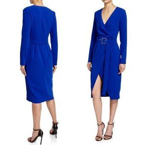 Pinko Long-Sleeve Crepe Wrap Midi Dress in Cobalt Blue Size IT 38 Sz Small New
